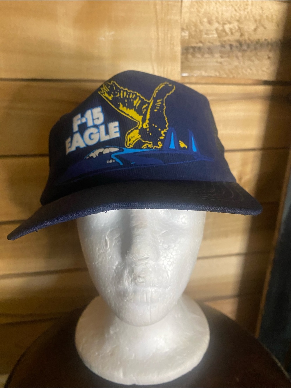 Vintage F-15 Eagle Navy Blue Trucker Cap with Eagle and jet Graphic made in USA